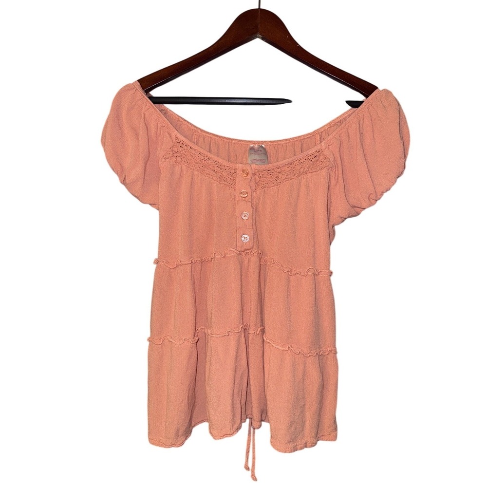 Vintage Y2K 2000s No Boundaries Pink M Peasant Tie Back Tiered Milkmaid Henley